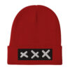 Introducing the Bold & brave XXX (3 Amsterdam Crosses) embroidered Beanie, a striking red knit beanie featuring a black front patch adorned with three white Amsterdam Crosses embroidered in a row. Introducing the Bold & brave XXX (3 Amsterdam Crosses) embroidered Beanie, a striking red knit beanie featuring a black front patch adorned with three white Amsterdam Crosses embroidered in a row.