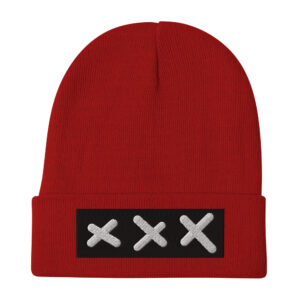 Introducing the Bold & brave XXX (3 Amsterdam Crosses) embroidered Beanie, a striking red knit beanie featuring a black front patch adorned with three white Amsterdam Crosses embroidered in a row.