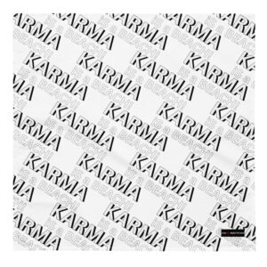 The Karma is a Beach Bandana 1-sided features a bold white square design with repeated black text proclaiming KARMA IS A BEACH! in various orientations. It showcases mostly uppercase letters in a diagonal pattern and has a small logo in the bottom right corner.