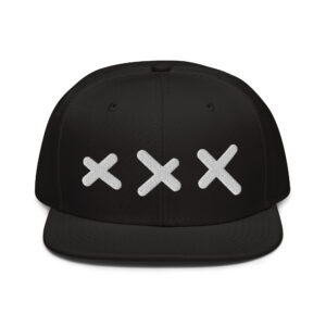 A black XXX Snapback Cap with a grey under visor, featuring three embroidered white Amsterdam Crosses on the front.