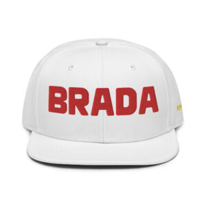 The BRADA fOR LIFE. snapback cap in WHITE, featuring bold red BRADA, combines style with function through its flat brim and small ventilation holes, offering a sleek look accented by a GREY under visor.