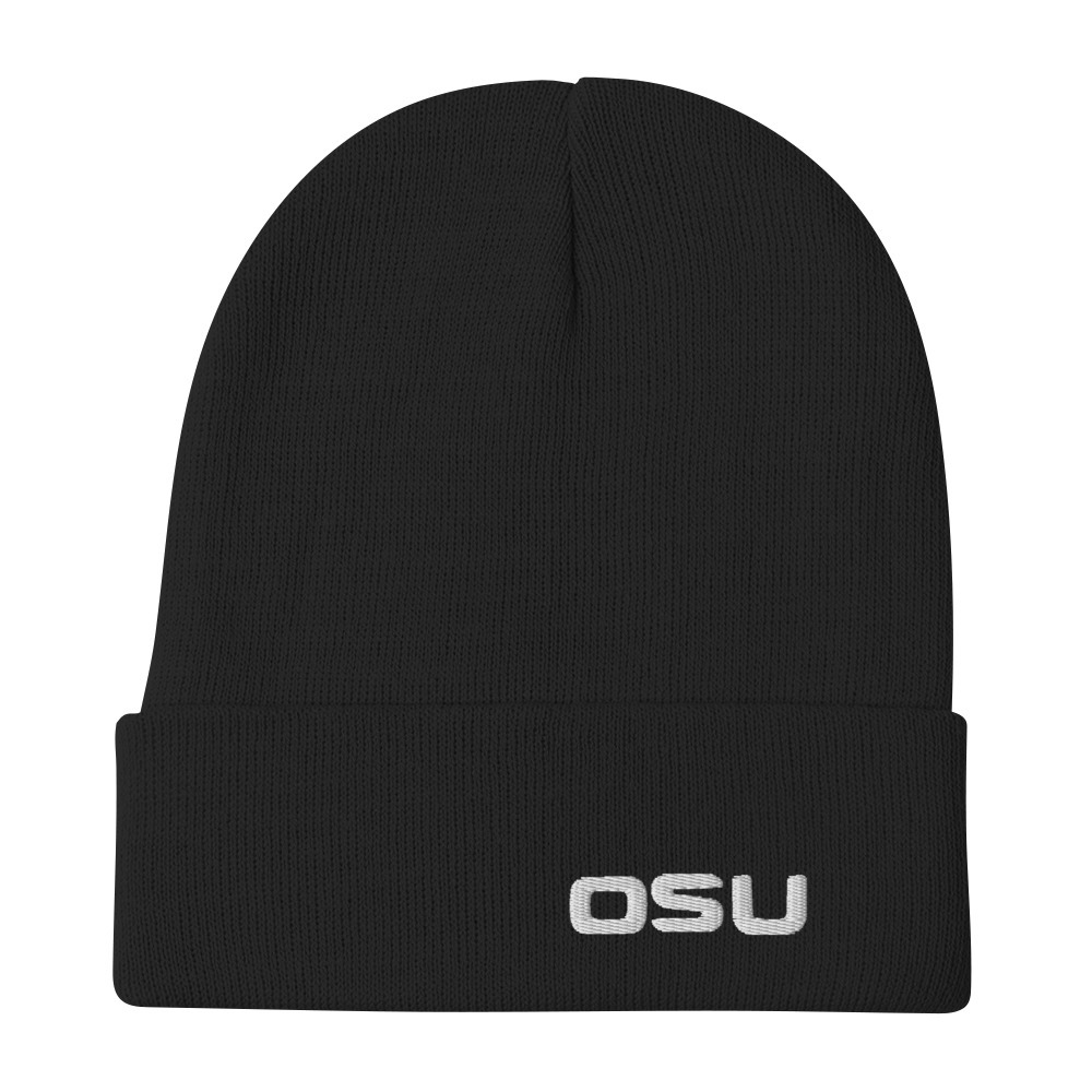 The OSU Embroidered Beanie is a black beanie with “OSU” stitched in white letters on the front fold.
