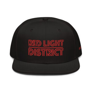 The RED LIGHT DISTRICT snapback cap, in sleek black, features Red Light District embroidered in bold red letters and is designed with a stylish grey under visor.