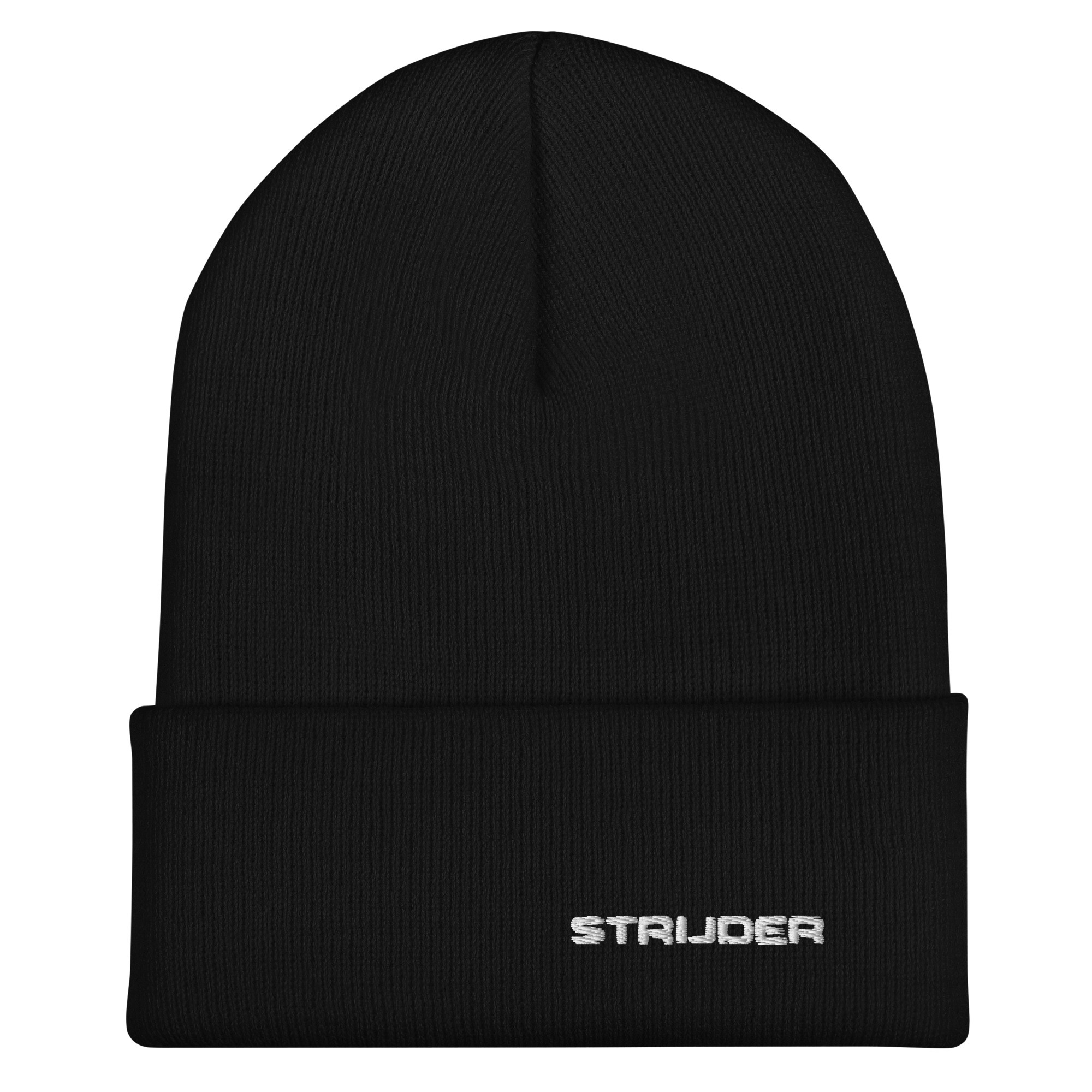 The strijder embroidered Cuffed Beanie is a plain black beanie with the word “STRIJDER” stitched in white on its folded brim. The strijder embroidered Cuffed Beanie is a plain black beanie with the word “STRIJDER” stitched in white on its folded brim.