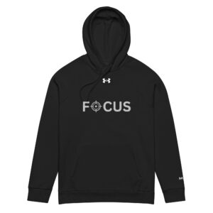 The Under Armour® hoodie embroidered FOCUS features bold white lettering with “FOCUS” on the front, where the “O” is replaced by a stylish target symbol. This sleek black hoodie includes embroidery, a small Under Armour logo above the text, and a convenient front pocket.