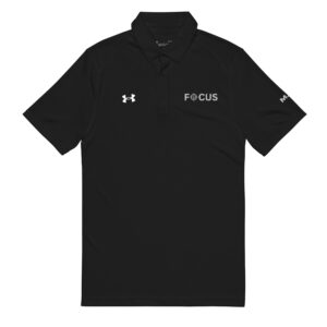 Under Armour® men’s polo featuring a black design with FOCUS and a crosshair logo embroidered on the left chest, the Under Armour logo on the right chest, and M* on the left sleeve.