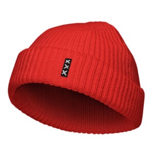 Introducing the XXX embroidered FISHERMAN Beanie - Subtle & Mighty: a bold red beanie featuring intricate embroidery, a folded brim, and a small black patch with three white Xs on the front.