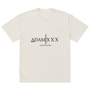 A’DAM XXX Oversized faded shirt in white, with bold black ADAM | X X X lettering across the chest and AMSTERDAMSKO printed underneath in smaller font.