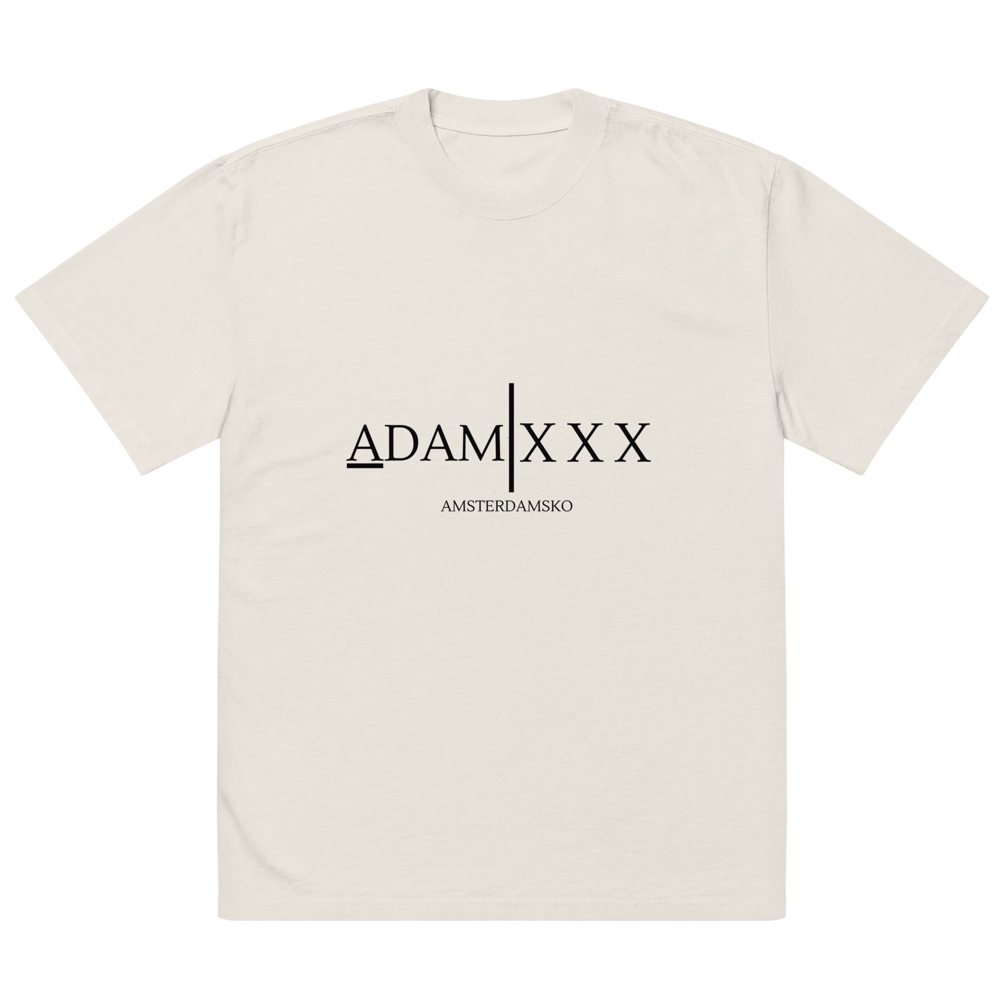 A’DAM XXX Oversized faded shirt in white, with bold black ADAM | X X X lettering across the chest and AMSTERDAMSKO printed underneath in smaller font. A’DAM XXX Oversized faded shirt in white, with bold black ADAM | X X X lettering across the chest and AMSTERDAMSKO printed underneath in smaller font.