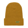The LaKroko waffle beanie is a mustard yellow hat with a folded brim and a small green and white embroidered LaKroko animal patch on the front.