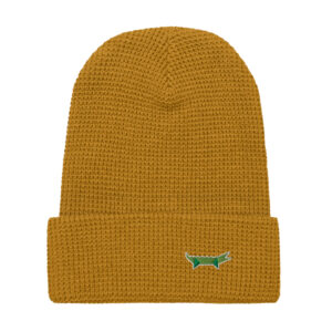 The LaKroko waffle beanie is a mustard yellow hat with a folded brim and a small green and white embroidered LaKroko animal patch on the front.