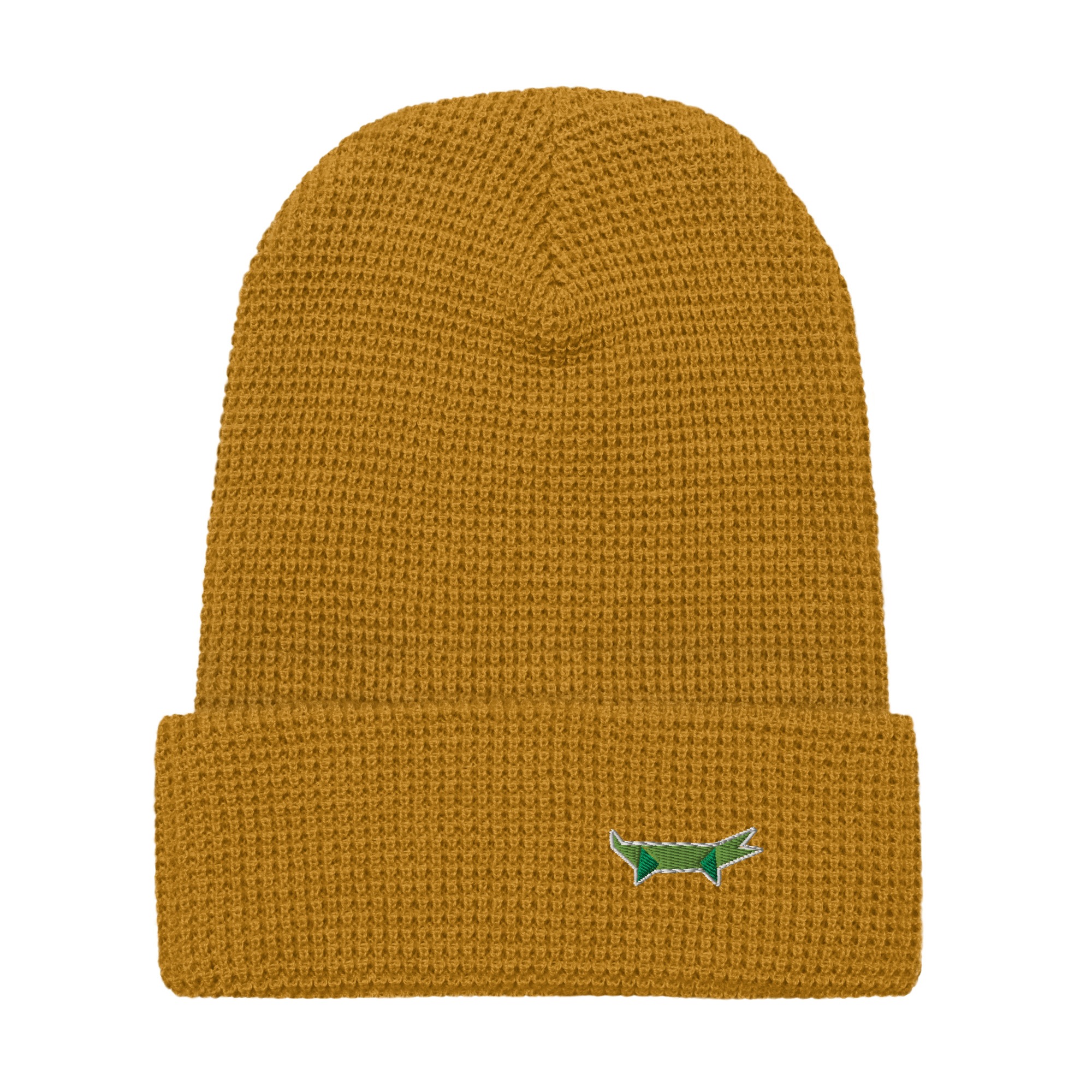 The LaKroko waffle beanie is a mustard yellow hat with a folded brim and a small green and white embroidered LaKroko animal patch on the front.