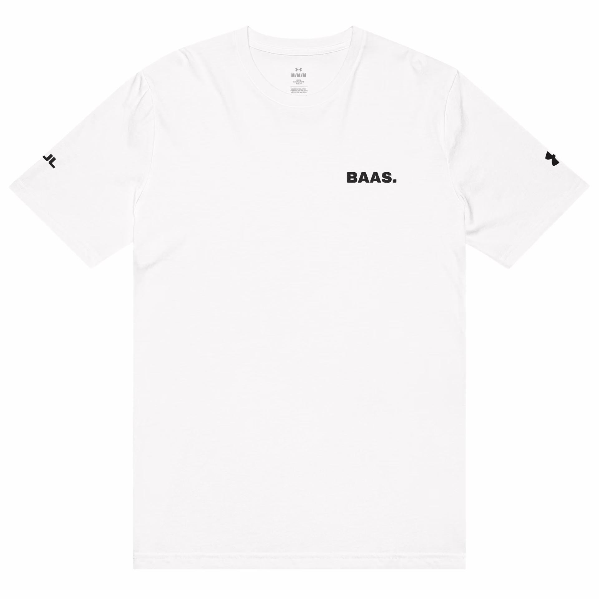 The Under ArmourⓇ athletic t-shirt is plain white with BAAS. in black on the left chest and small black graphics on the sleeves, inspired by classic Under Armour styling.
