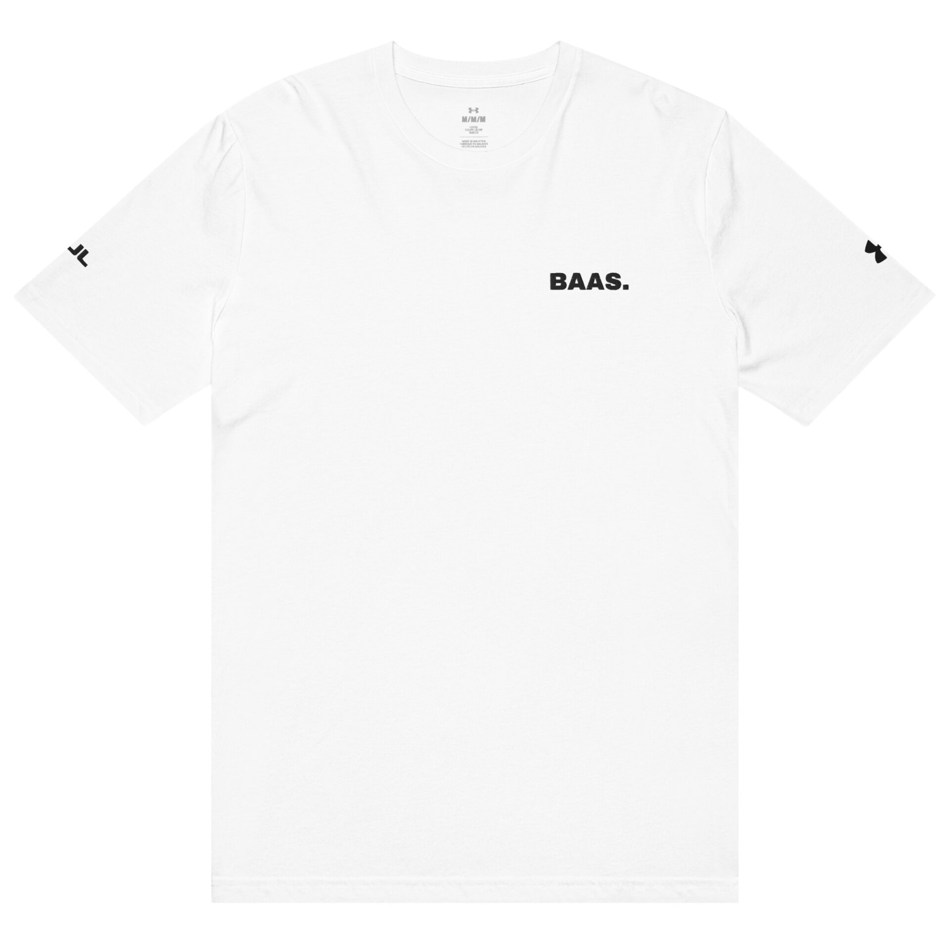 The Under ArmourⓇ athletic t-shirt is plain white with BAAS. in black on the left chest and small black graphics on the sleeves, inspired by classic Under Armour styling. The Under ArmourⓇ athletic t-shirt is plain white with BAAS. in black on the left chest and small black graphics on the sleeves, inspired by classic Under Armour styling.