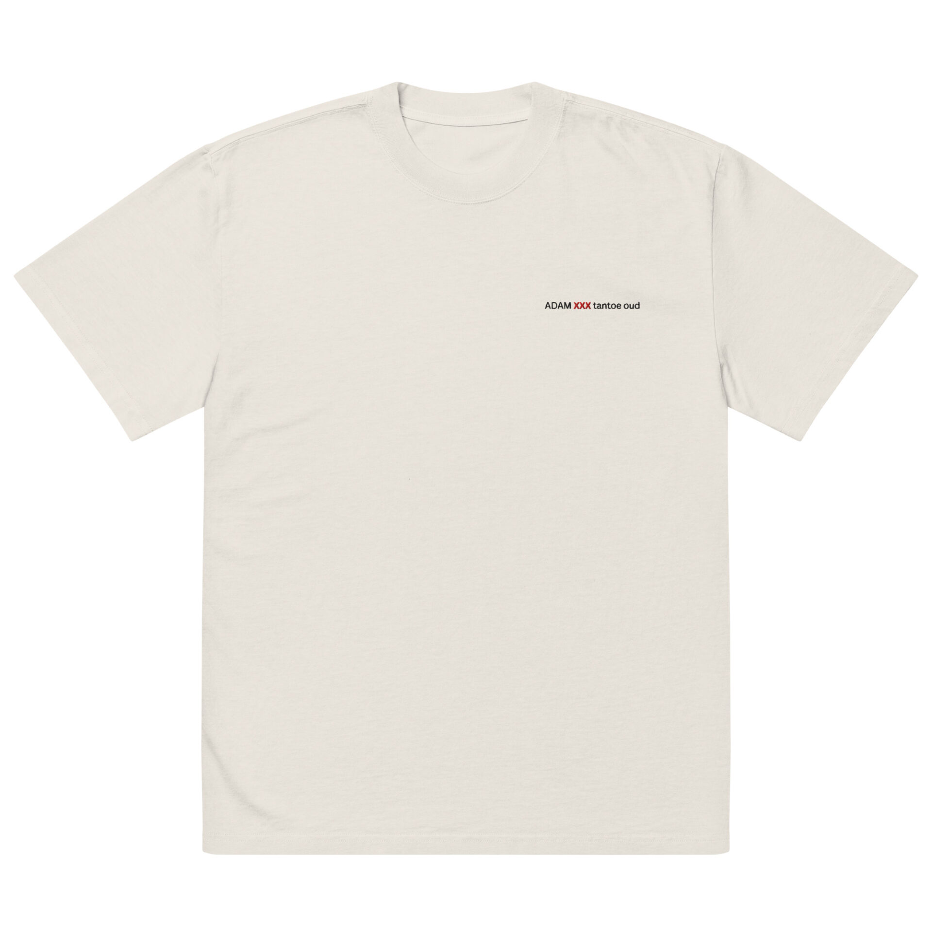 The Oversized faded t-shirt is a plain, light beige top with subtle fading and small black ADAM XXX tastes oud text on the left chest. It features an oversized fit and a minimalistic design with no extra graphics or patterns. The Oversized faded t-shirt is a plain, light beige top with subtle fading and small black ADAM XXX tastes oud text on the left chest. It features an oversized fit and a minimalistic design with no extra graphics or patterns.