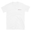 The Short-Sleeve Unisex T-Shirt has a plain white design with small black text, ADAM XXX tattoo out, on the left chest. Shown laid flat on a white background. The Short-Sleeve Unisex T-Shirt has a plain white design with small black text, ADAM XXX tattoo out, on the left chest. Shown laid flat on a white background.