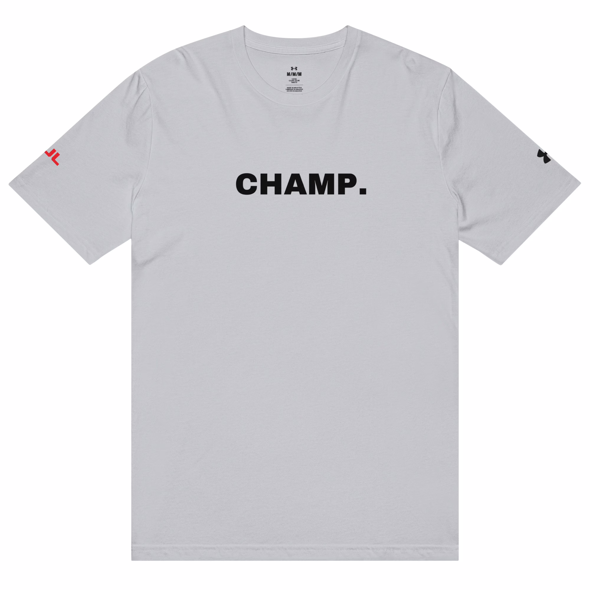 The Under ArmourⓇ athletic t-shirt features "CHAMP." in bold black letters on light gray, with a small red embroidered logo on the left sleeve and a black logo on the right, inspired by classic Under Armour styling.