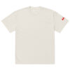 An Oversized faded t-shirt in plain white, laid flat, featuring a small red M. subtly visible at the end of the right sleeve with no other visible designs or features. An Oversized faded t-shirt in plain white, laid flat, featuring a small red M. subtly visible at the end of the right sleeve with no other visible designs or features.